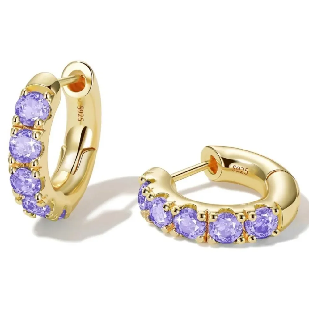 14K Yellow Gold 925 Sterling Silver with Amethyst Cubic Zirconia Huggie Earrings